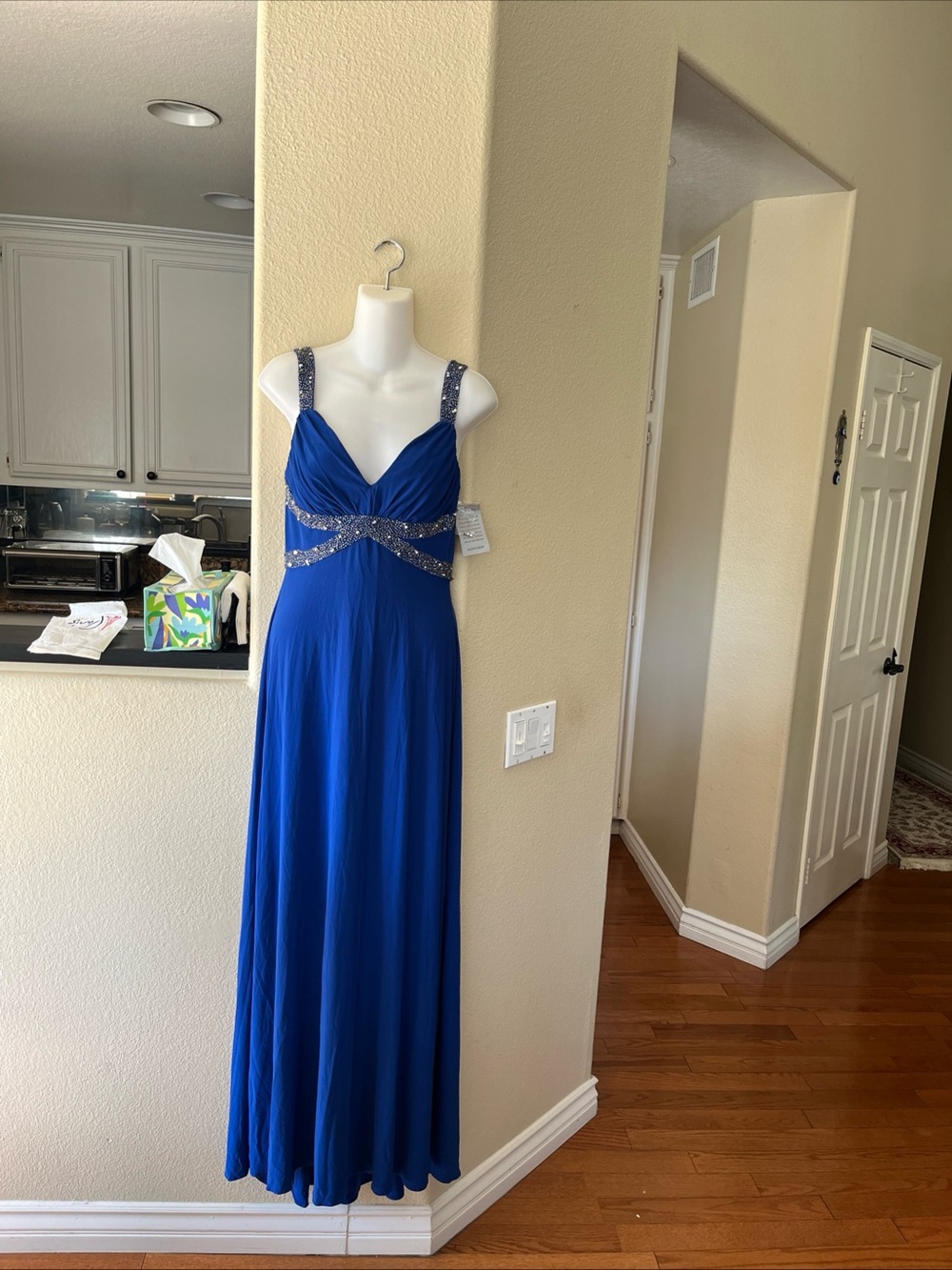Cachet Royal Blue Evening Gown with Silver Beaded Accents